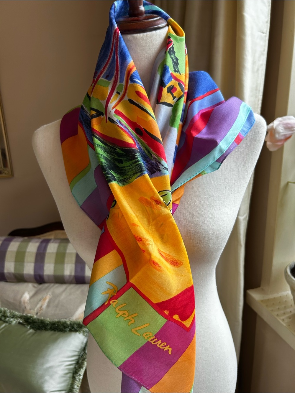 Vintage Ralph Lauren Vibrant Silk Habotai Scarf.  Early 1990’s